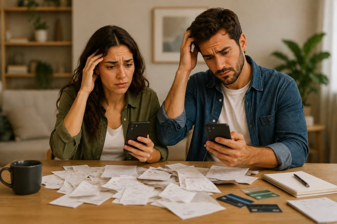 Casal confuso olhando os celulares, recibos espalhados